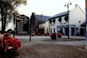 Historic stone buildings and whitewashed structures at Bunratty Village Mills with red flowers