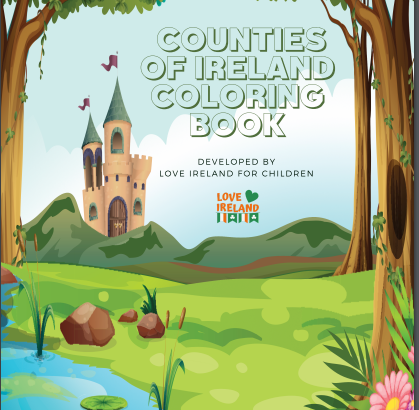 Counties of Ireland Coloring Book cover with castle illustration and landscape