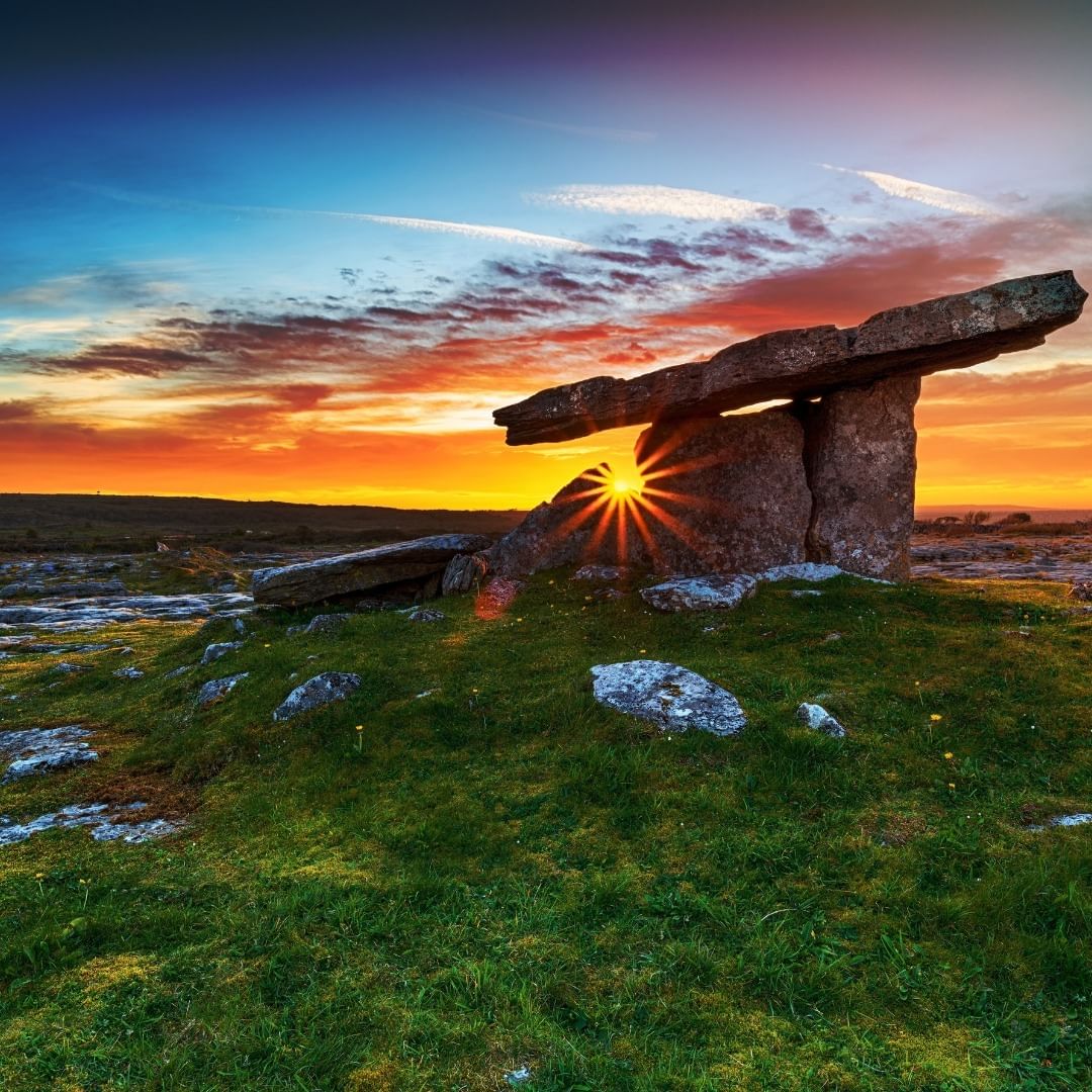 Poulnabrone Dolmen portal tomb at sunset in The Burren, County Clare, Ireland
