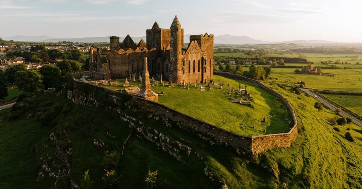 Aerial view of the Rock of Cashel, a medieval cathedral complex on a limestone hill in County Tipperary, Ireland