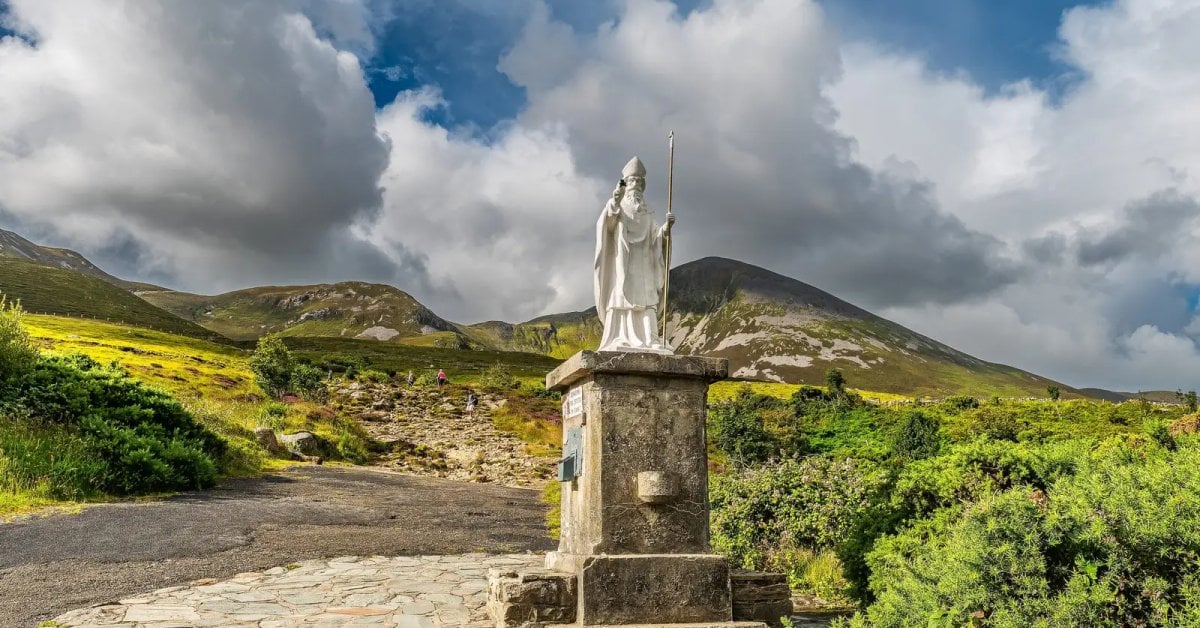 Croagh Patrick mountain rising over Clew Bay at dawn, County Mayo, Ireland &mdash; the sacred mountain where St Patrick fasted for 40 days