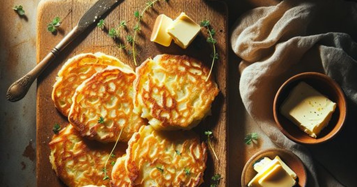 Golden-brown traditional Irish boxty potato bread pancakes on a rustic wooden board with melting butter, a classic Irish food tradition