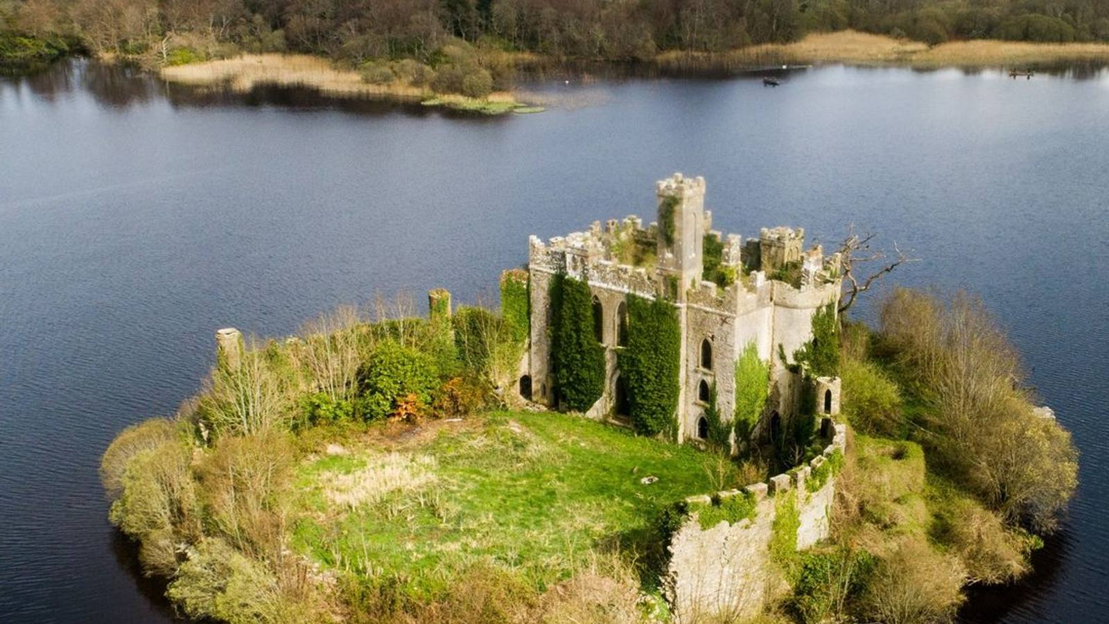 Aerial view of McDermott’s Castle on Lough Key, County Leitrim, Ireland — the region of the Dobhar-chú legend