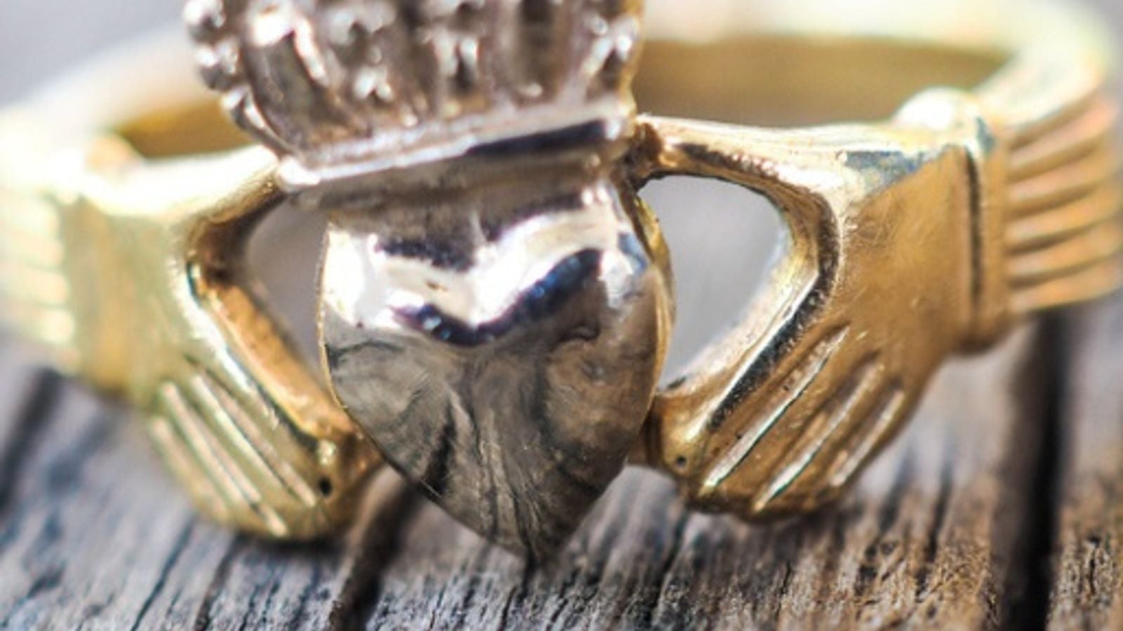 Traditional Irish Claddagh ring showing the heart, hands and crown symbols representing love, loyalty and friendship