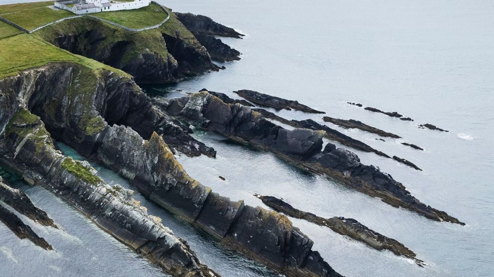 Aerial view of Galley Head Lighthouse on the Cork coastline, Ireland