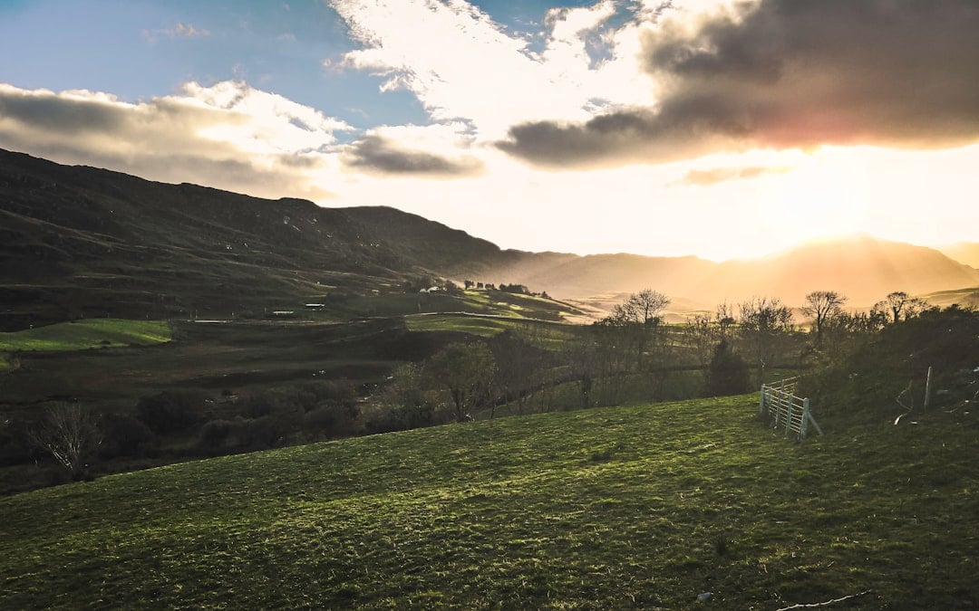 Rolling green valley with mountains at sunset and a metal farm gate