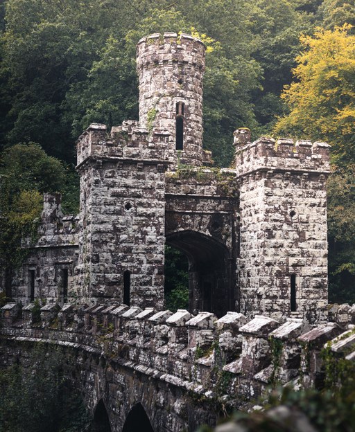 Stone castle tower with crenellated walls surrounded by dense green forest