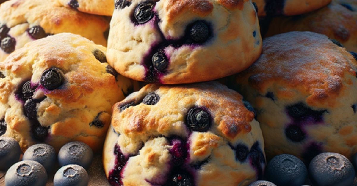 Freshly baked blueberry scones with golden crust and juicy blueberries on a rustic wooden surface