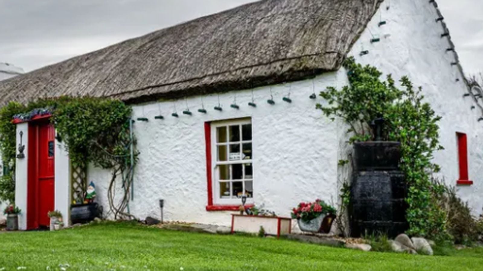 A traditional white Irish thatched cottage with red door and windows &mdash; the kind of home where the cure was practised for generations