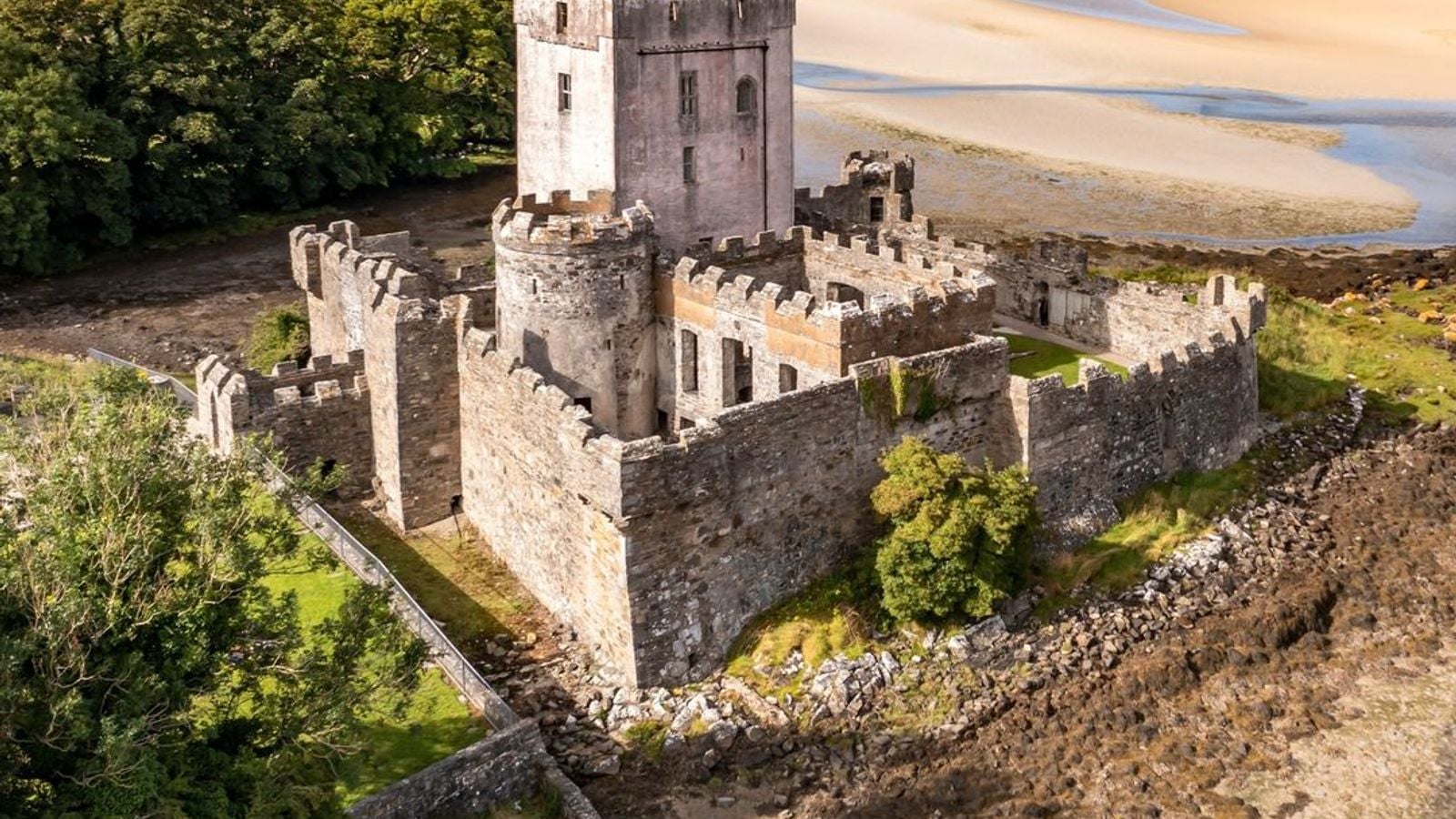 Aerial view of Doe Castle on Sheephaven Bay in Creeslough County Donegal Ireland