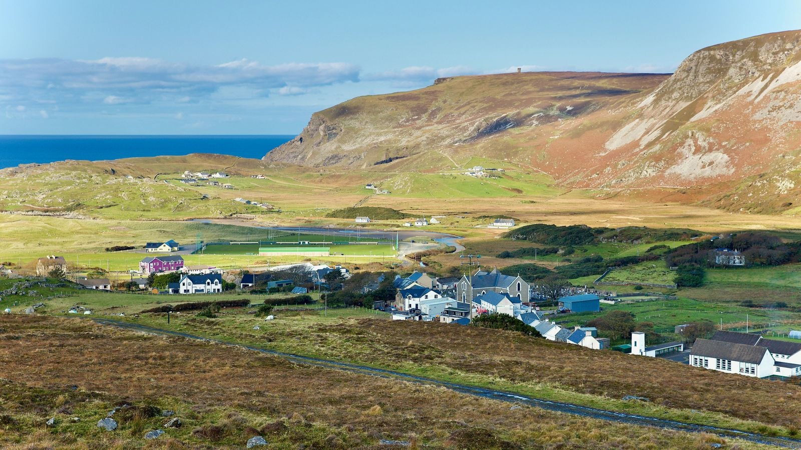 A remote Donegal village overlooking the Atlantic coast, similar to Tory Island off the northwest coast of Ireland