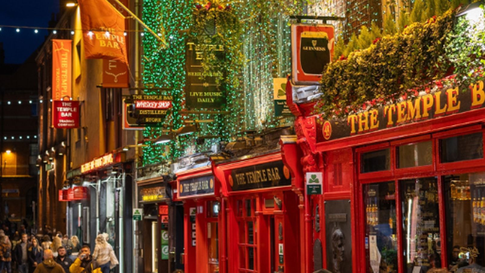 Temple Bar street in Dublin at evening, the cultural heart of the city with historic pubs