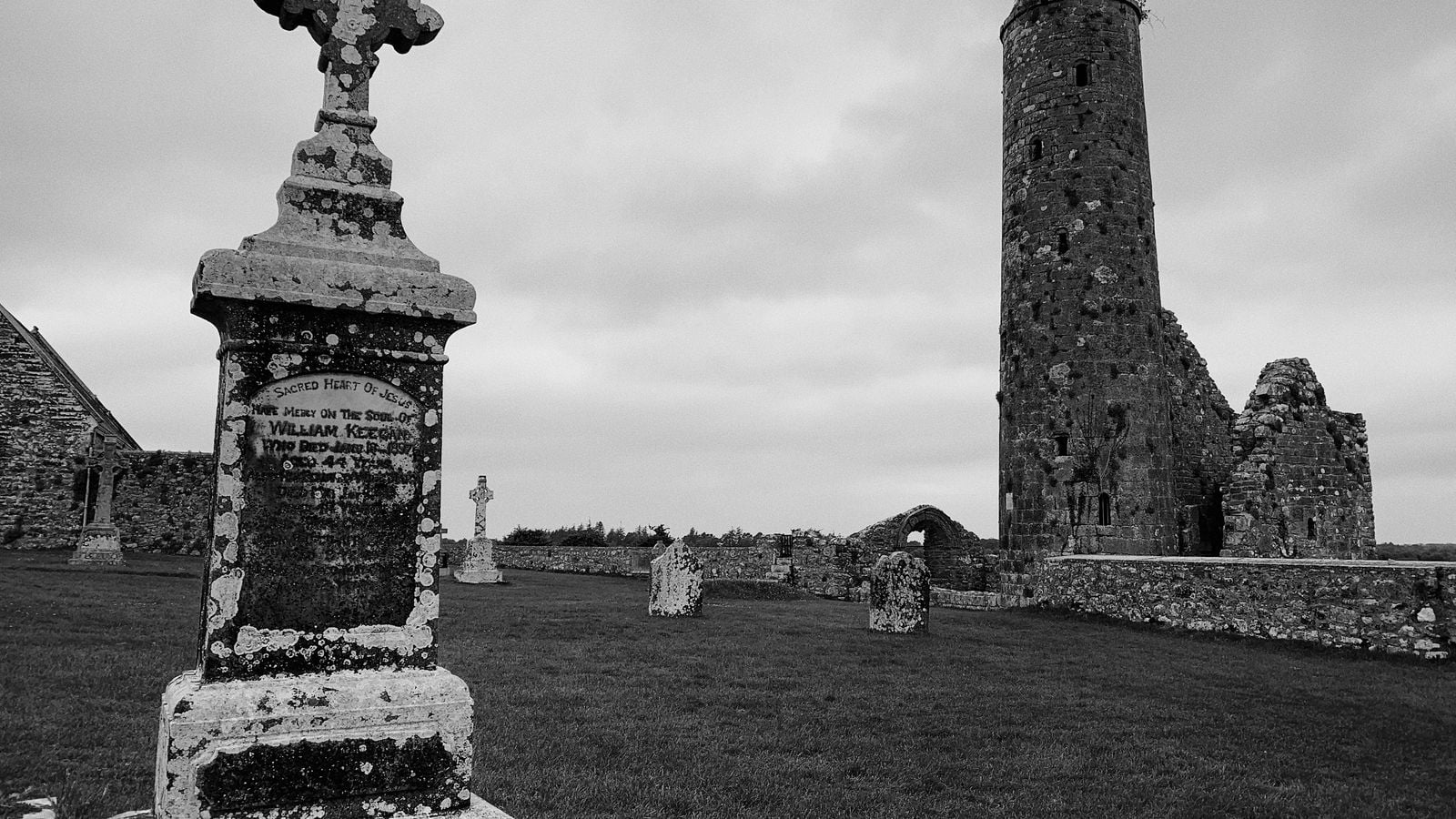 Ancient high cross at Clonmacnoise monastic site, County Offaly, Ireland