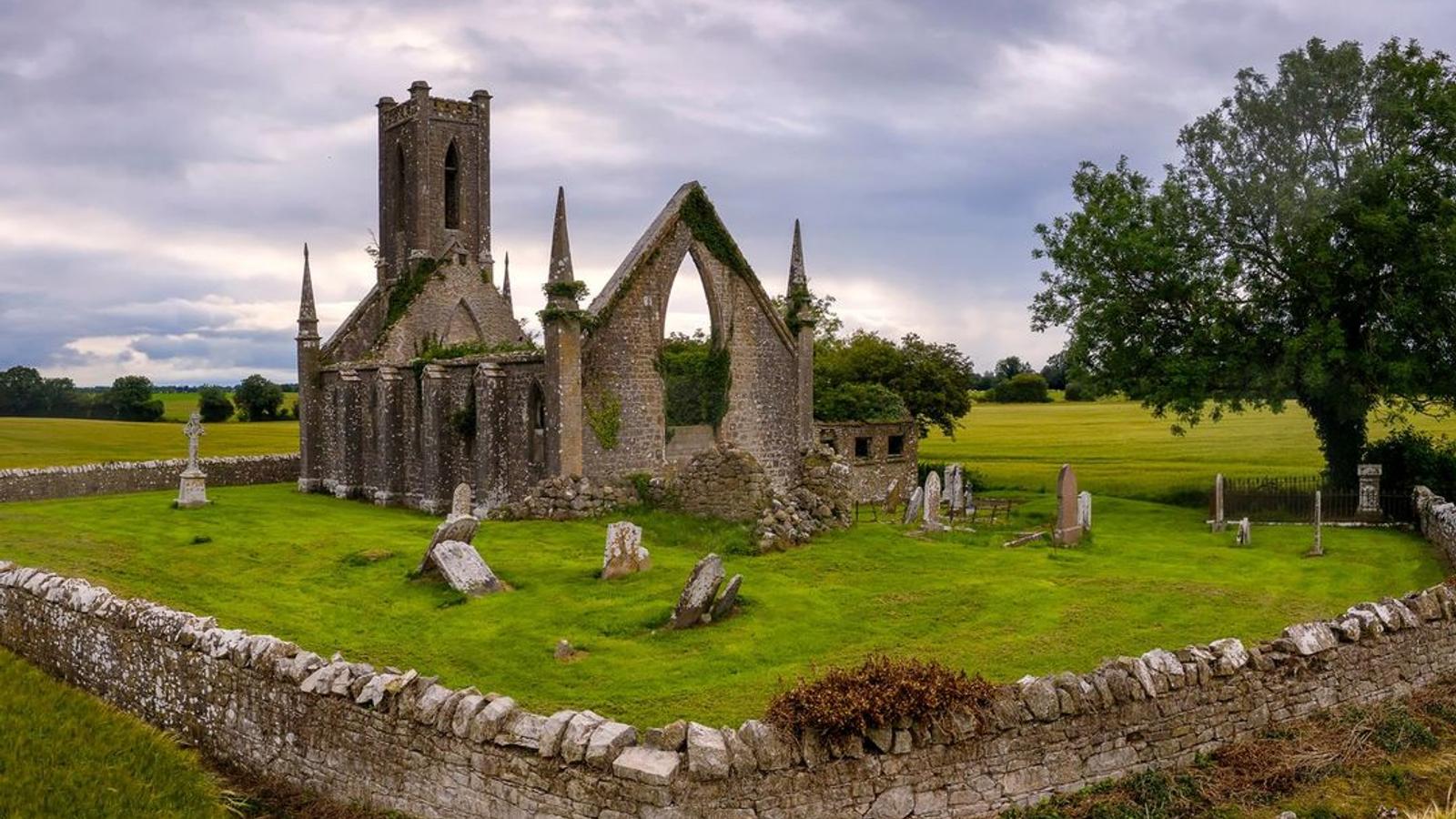 Aerial view of Ballynafagh Church and ancient graveyard in County Kildare, Ireland