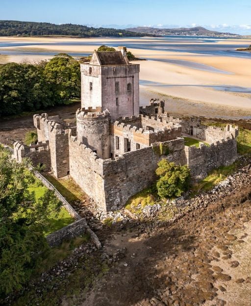 Aerial view of Doe Castle on Sheephaven Bay, County Donegal – built by the Mac Suibhne (Sweeney) family, lords of Fanad, in the 15th century