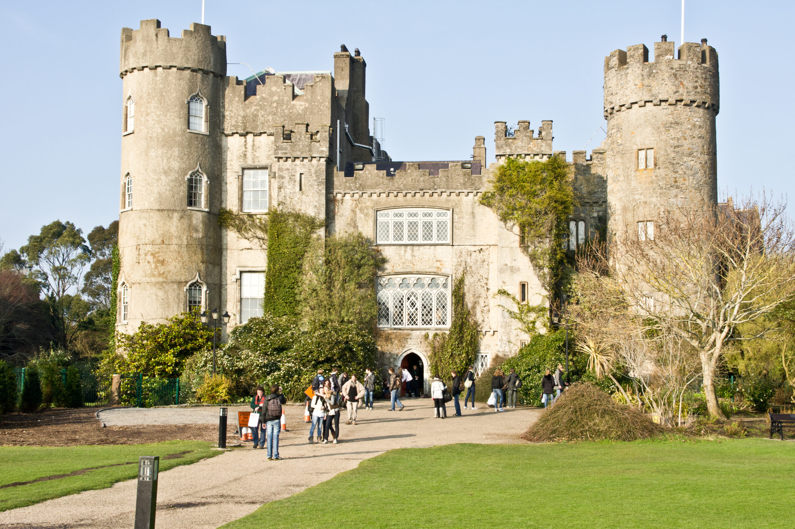 Malahide Castle medieval exterior surrounded by its historic demesne, County Dublin