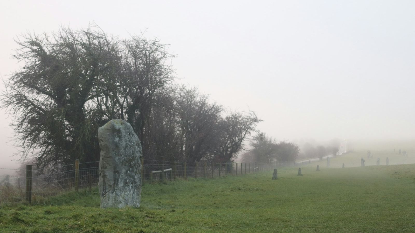 An ancient standing stone surrounded by mist and trees in an Irish field, evoking Celtic mythology