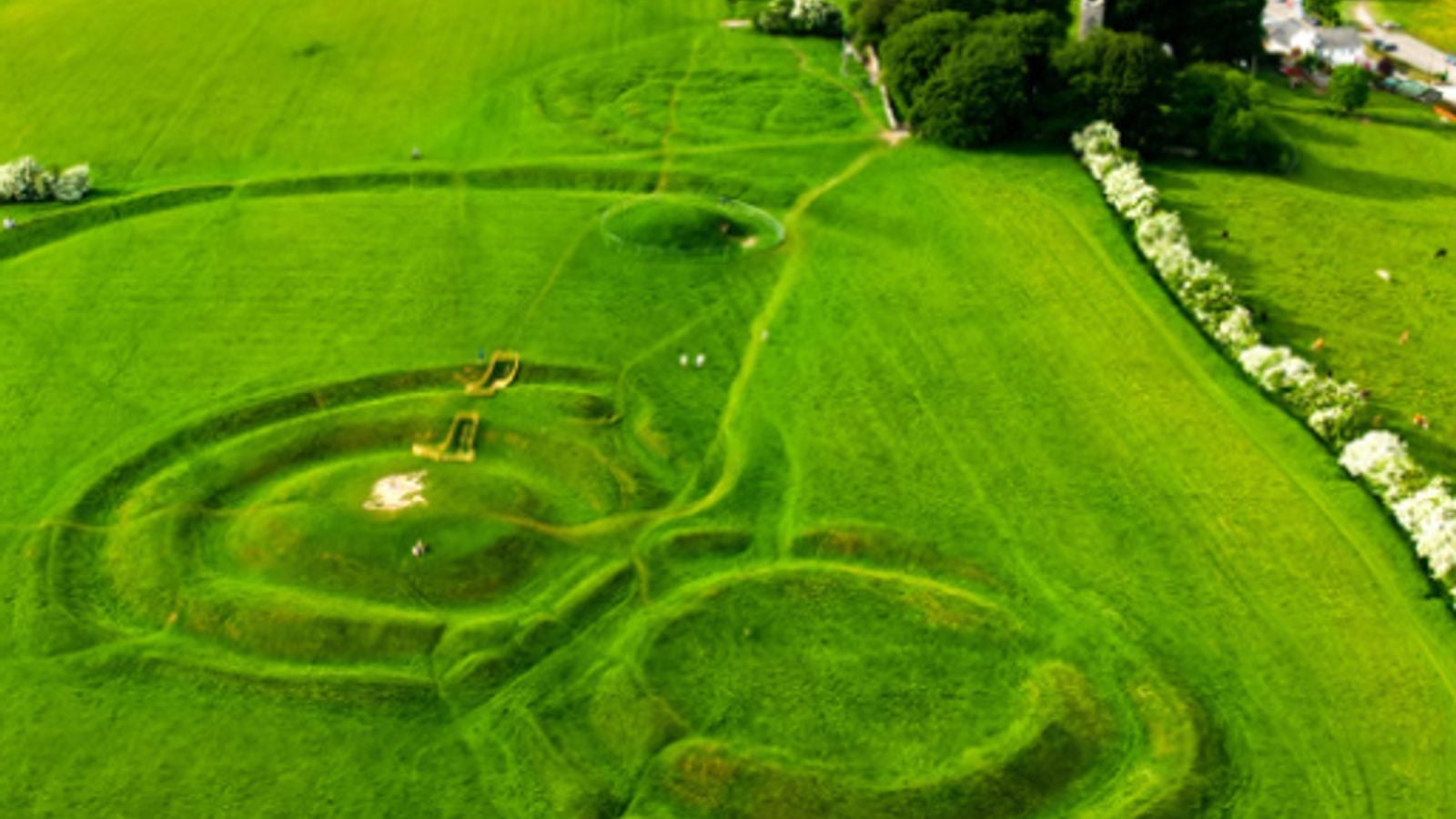 Aerial view of the Hill of Tara ancient earthworks in County Meath, Ireland
