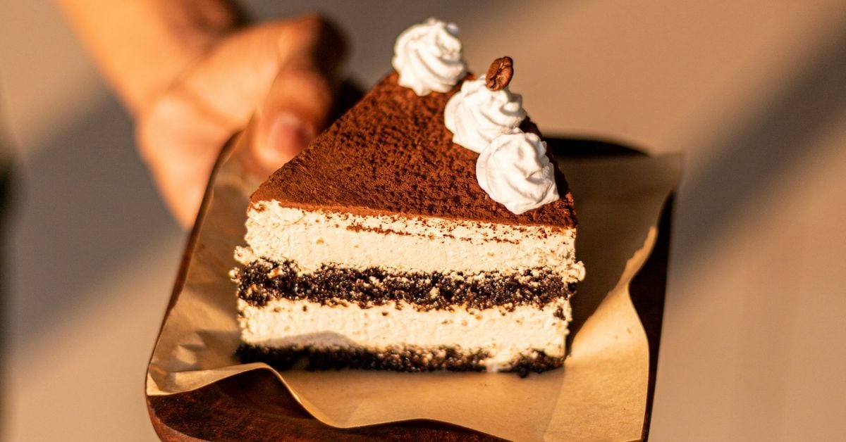A slice of tiramisu charlotte cake showing cream layers, chocolate ganache and cocoa dusting on top