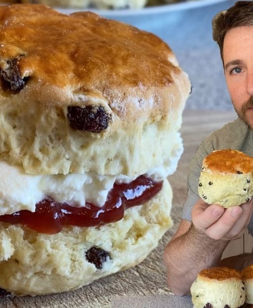 Traditional Irish scones split and filled with jam and cream, perfect for afternoon tea