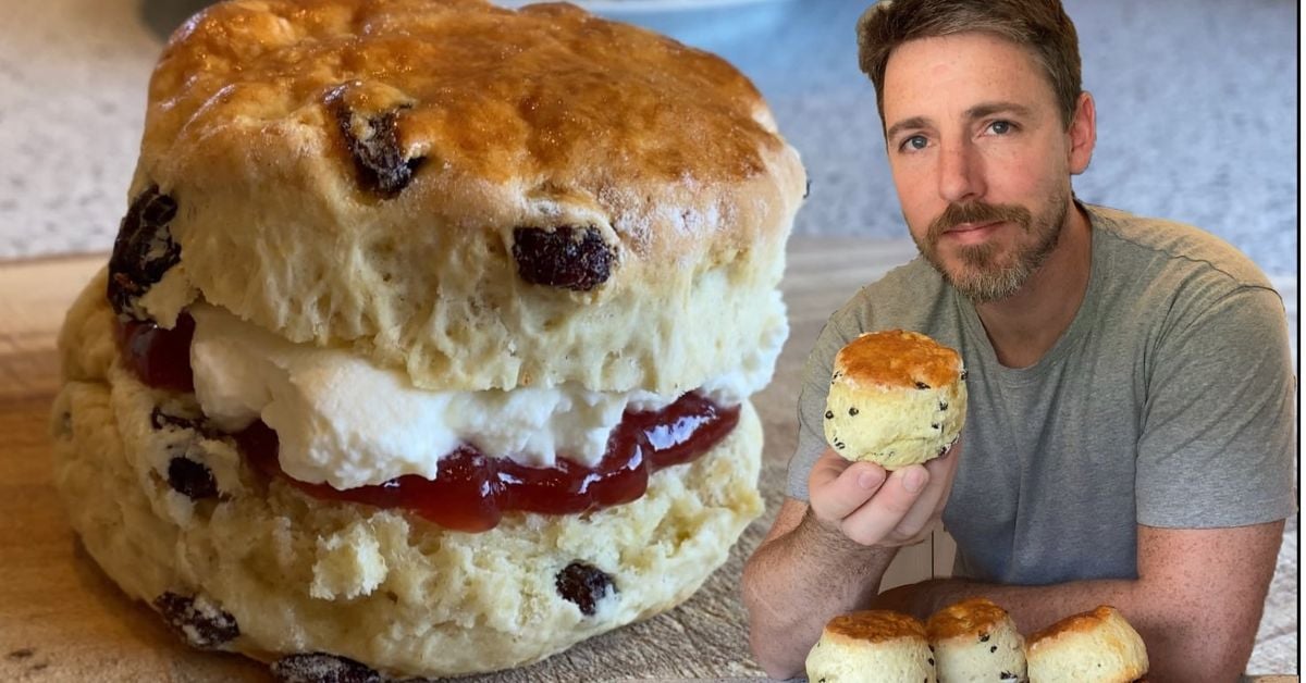 Traditional Irish scones split and filled with jam and cream, perfect for afternoon tea