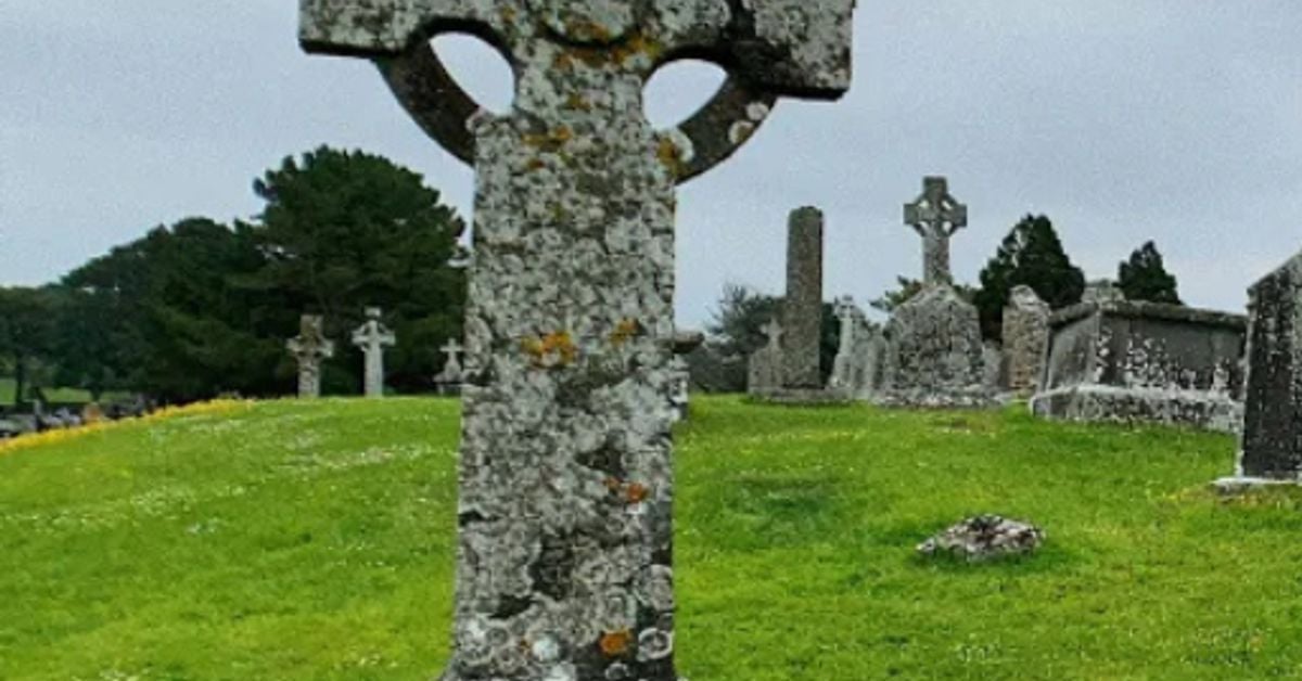 Celtic high cross at Clonmacnoise monastic site, County Offaly, Ireland