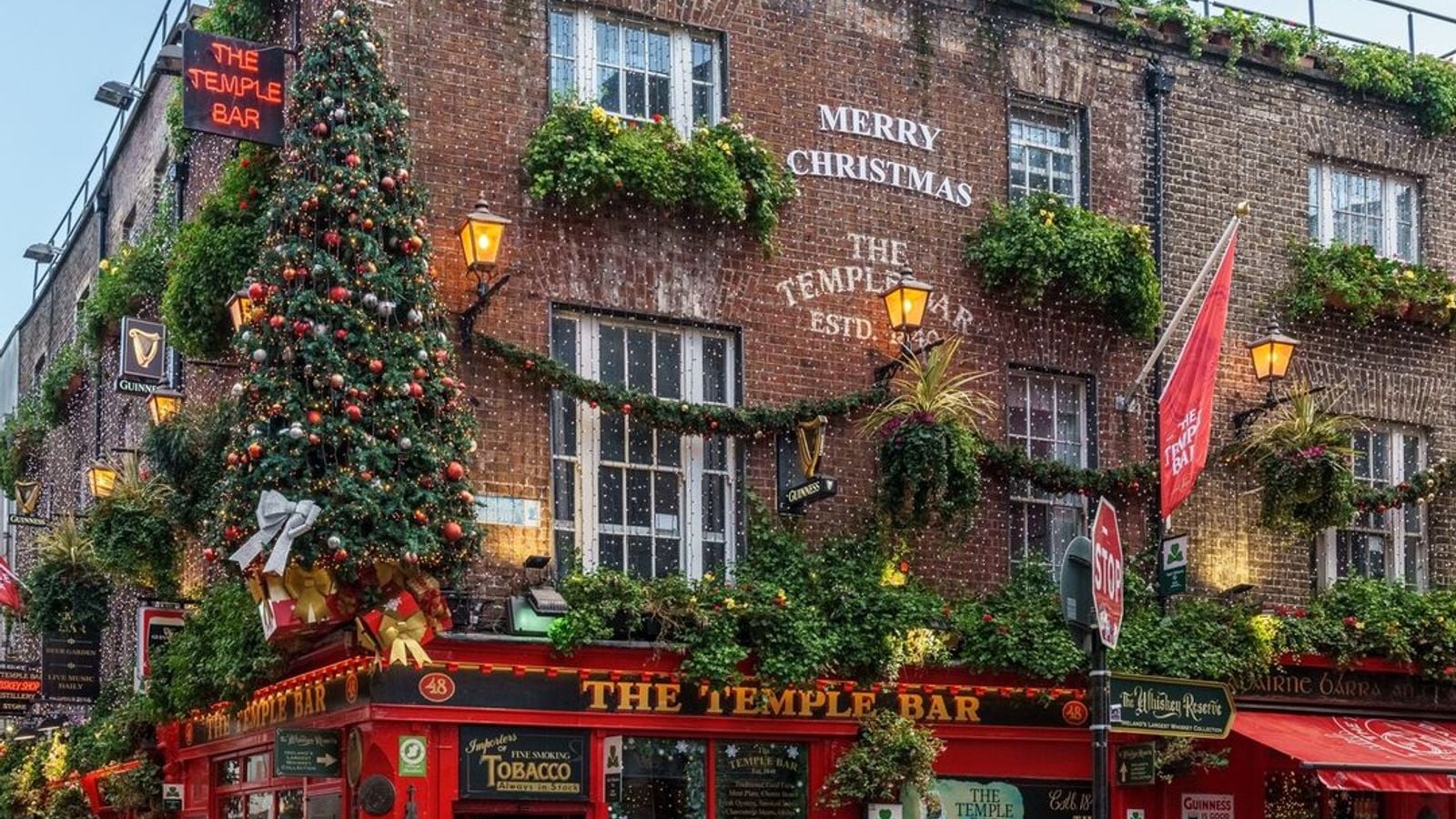 The colourful facade of Temple Bar pub in Dublin on a quiet night