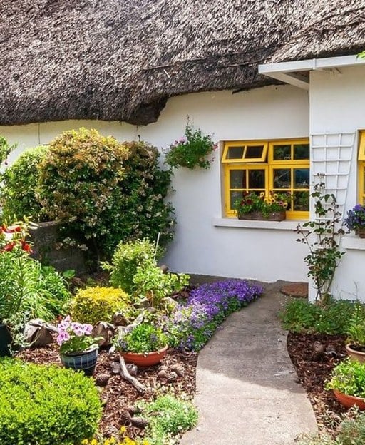 Whitewashed cottage with thatched roof, yellow window, and lush garden borders
