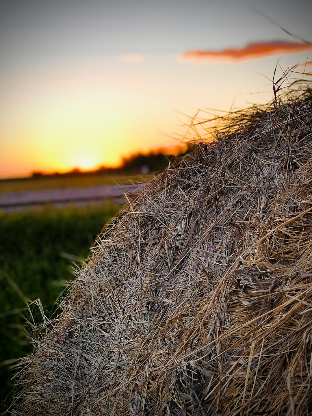 Dried straw and hay pile at sunset over Irish countryside fields