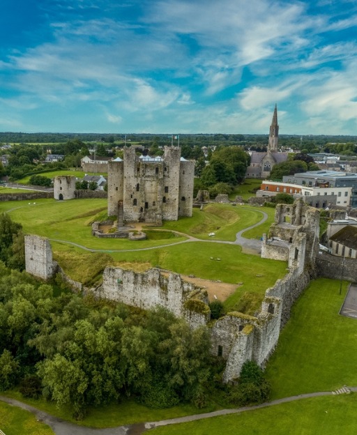 Trim Castle in County Meath, Ireland &mdash; the largest Anglo-Norman castle in the country, showing the cruciform keep and curtain walls