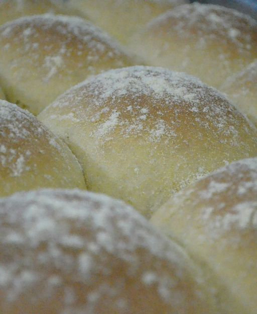 Close-up of soft white floury Waterford blaas fresh from the oven &mdash; a traditional Irish bread roll recipe