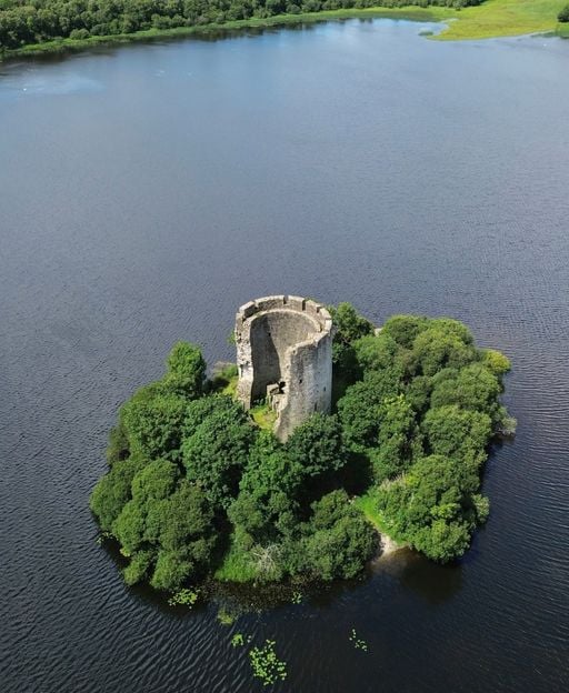 Aerial view of Cloughoughter Castle on its island in Lough Oughter, County Cavan, Ireland