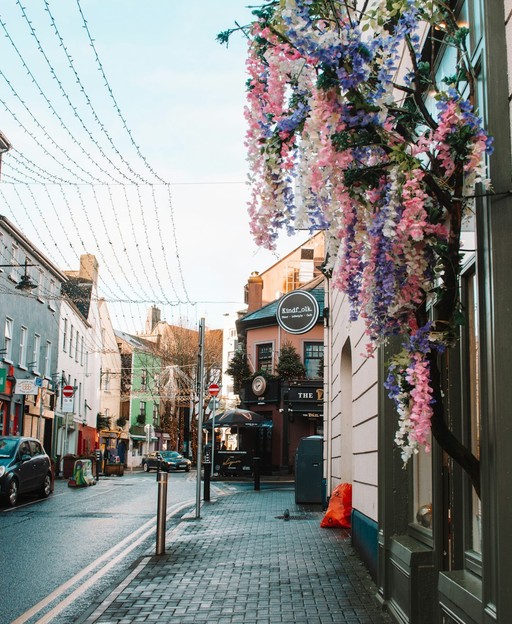 Quiet flower-lined street in Galway, Ireland