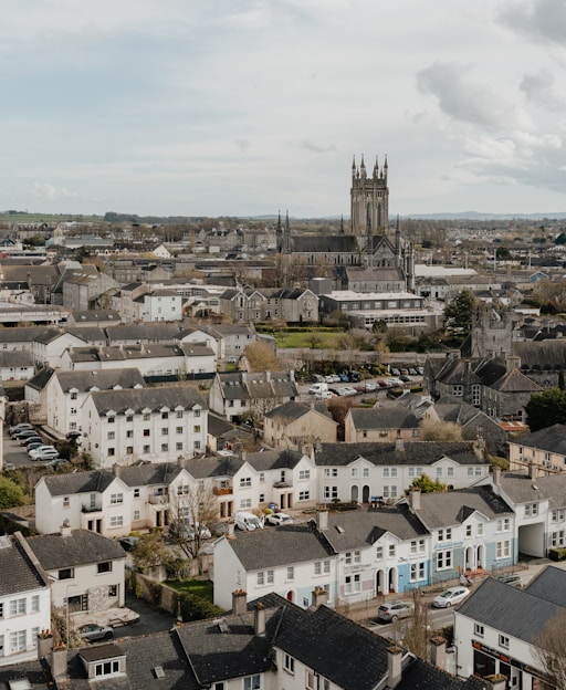 Aerial view of Kilkenny city with St Mary's Cathedral's Gothic Revival spire at the centre