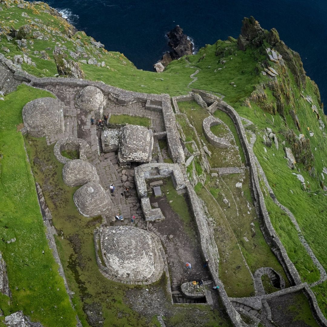 Aerial view of the 6th-century monastic settlement on Skellig Michael, County Kerry, Ireland, showing the ancient beehive huts (clochans) and stone oratories