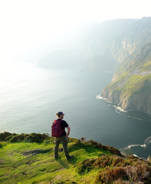 The dramatic cliff face of Slieve League in County Donegal, Ireland, rising 601 metres above the Atlantic Ocean