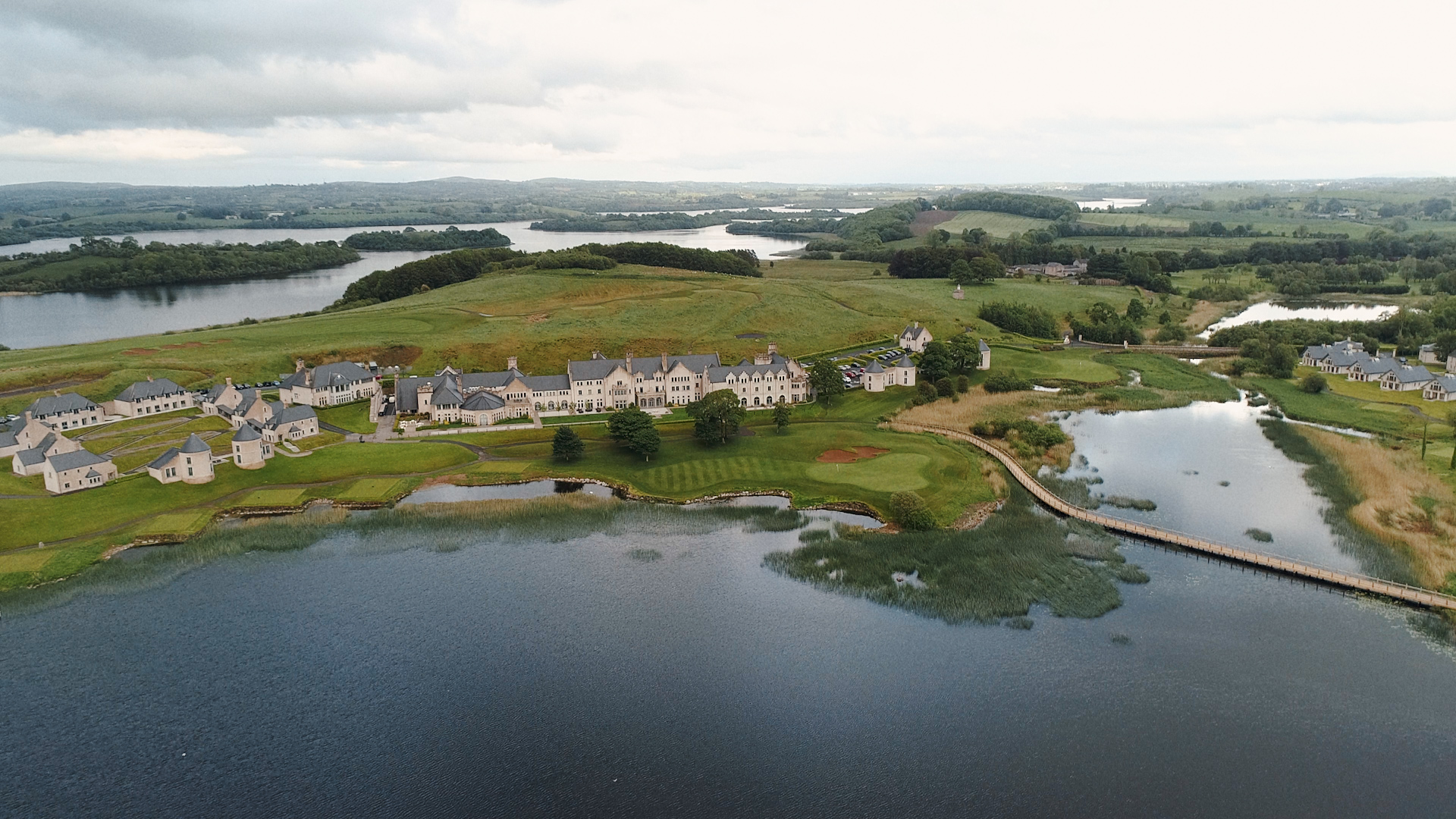Aerial view of Lough Erne Resort and the Faldo Course, Enniskillen, County Fermanagh