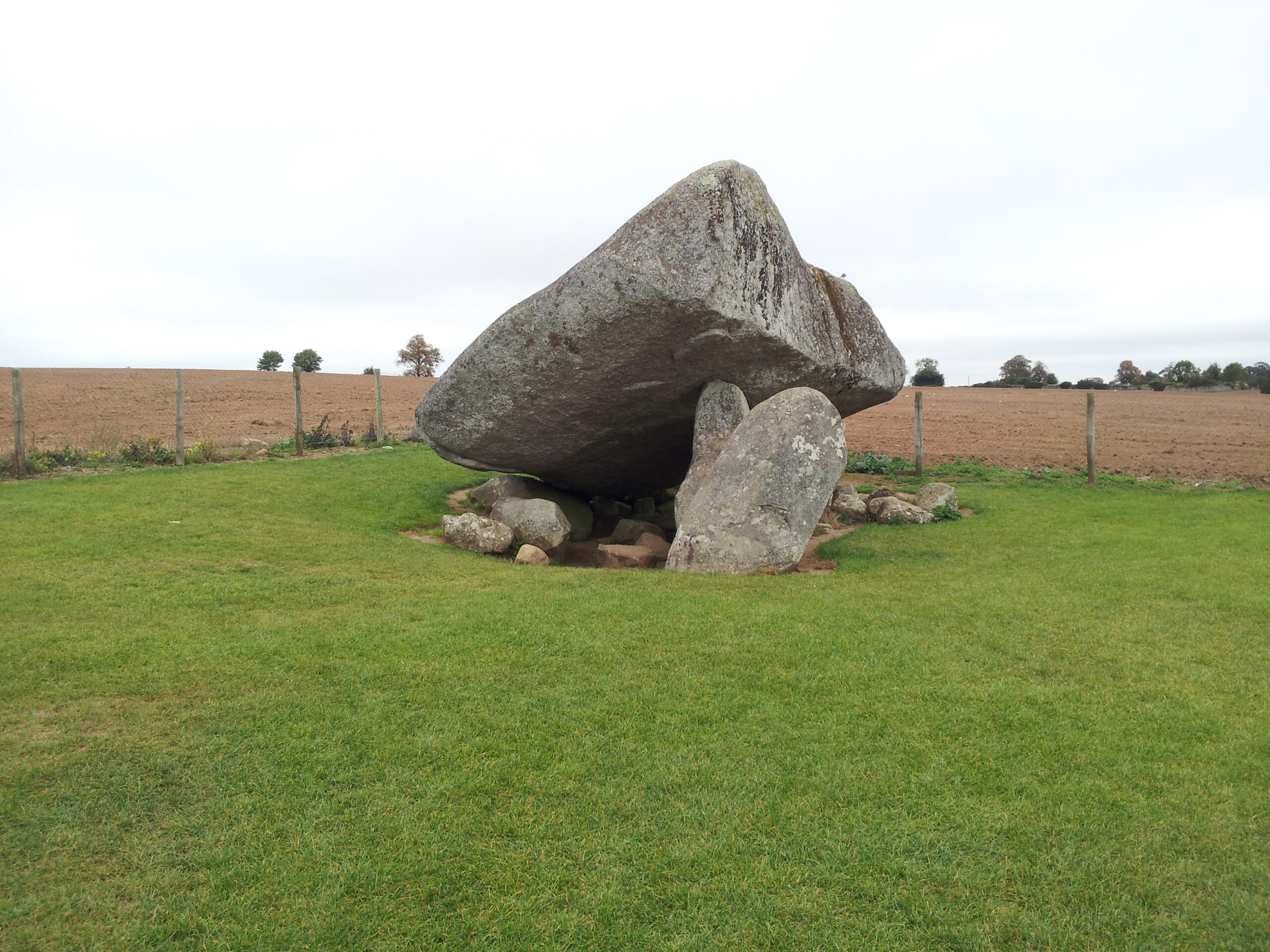 Brownshill Dolmen (Browneshill Portal Tomb) with its massive granite capstone resting on upright standing stones in a fenced field, County Carlow, Ireland