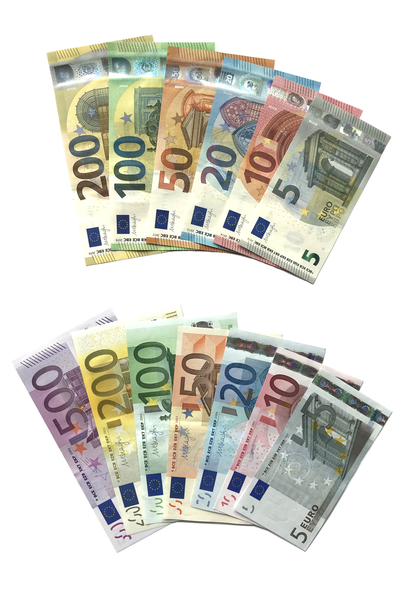 Fanned display of Euro banknotes in all denominations from five to five hundred euro