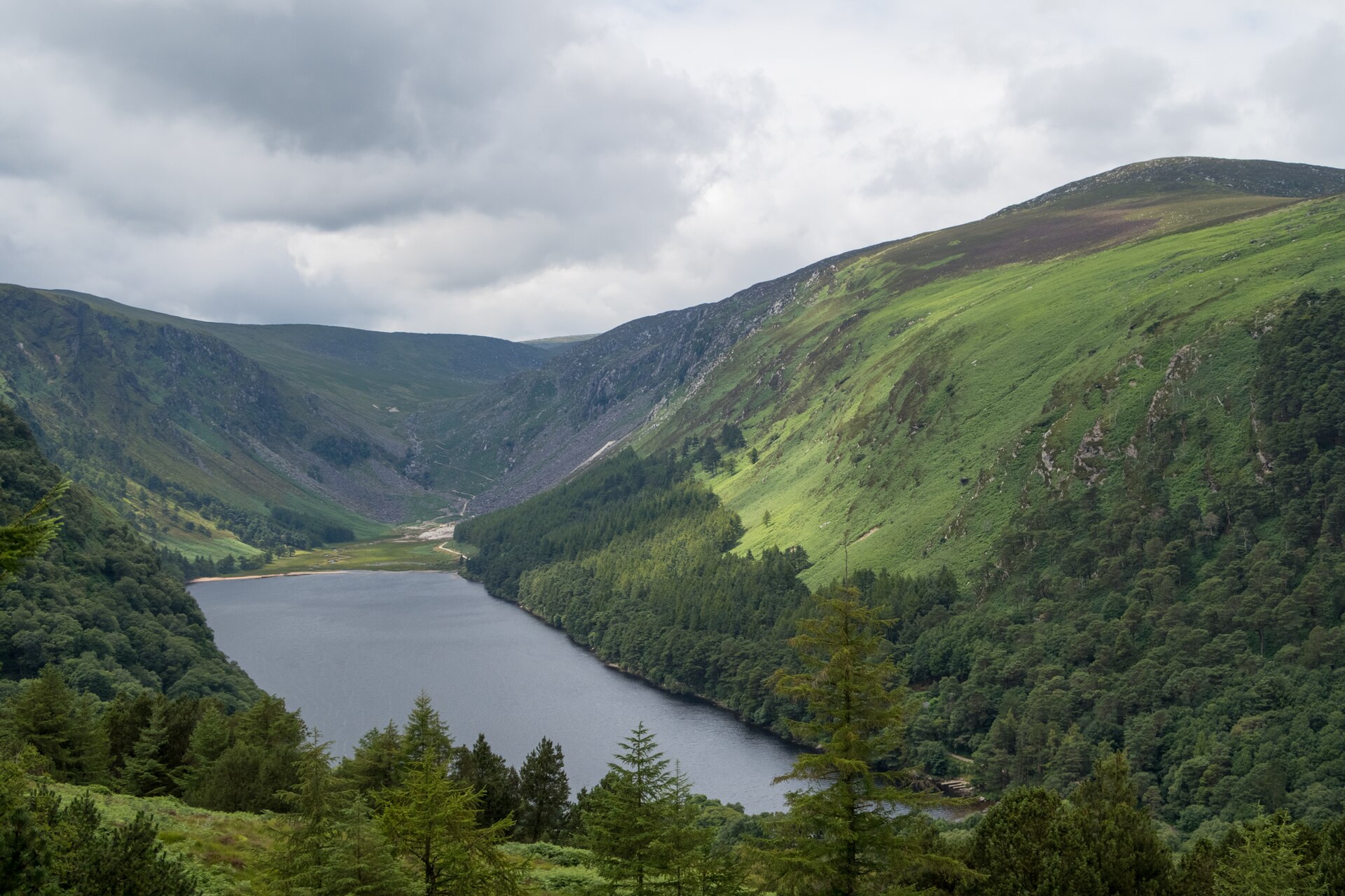 View over Glendalough’s Upper Lake from the Spinc ridge, County Wicklow, Ireland