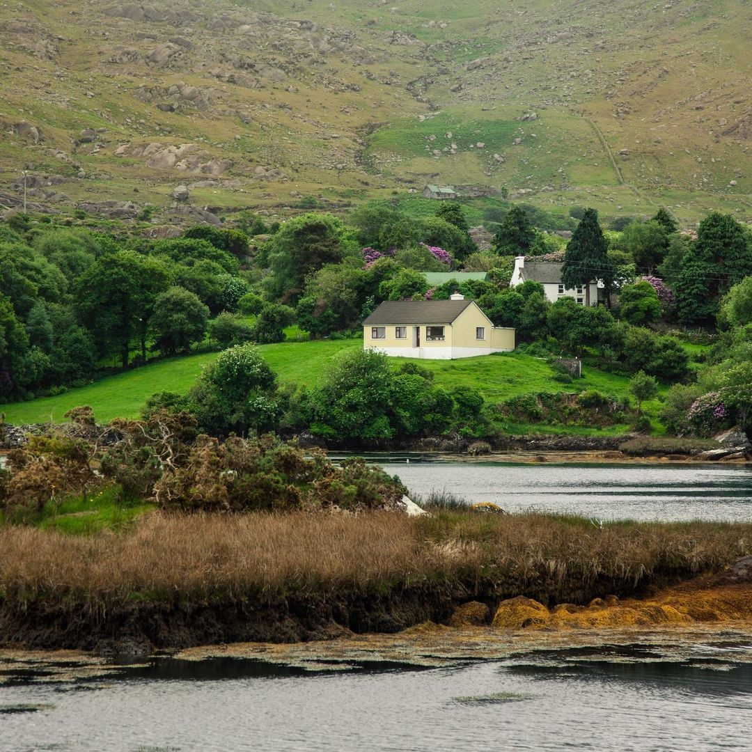 Traditional yellow-washed cottage on a green hillside overlooking a calm lough, surrounded by trees and hills in rural Ireland