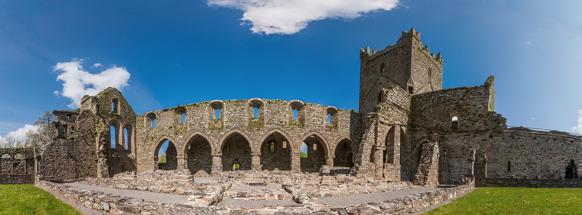 Panoramic view of the ruined cloister arcade and crossing tower at Jerpoint Abbey near Thomastown, County Kilkenny