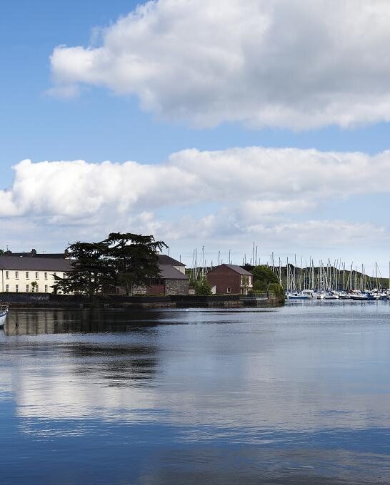 Kinsale harbour in West Cork, with pastel-coloured waterfront houses and yachts moored along the marina