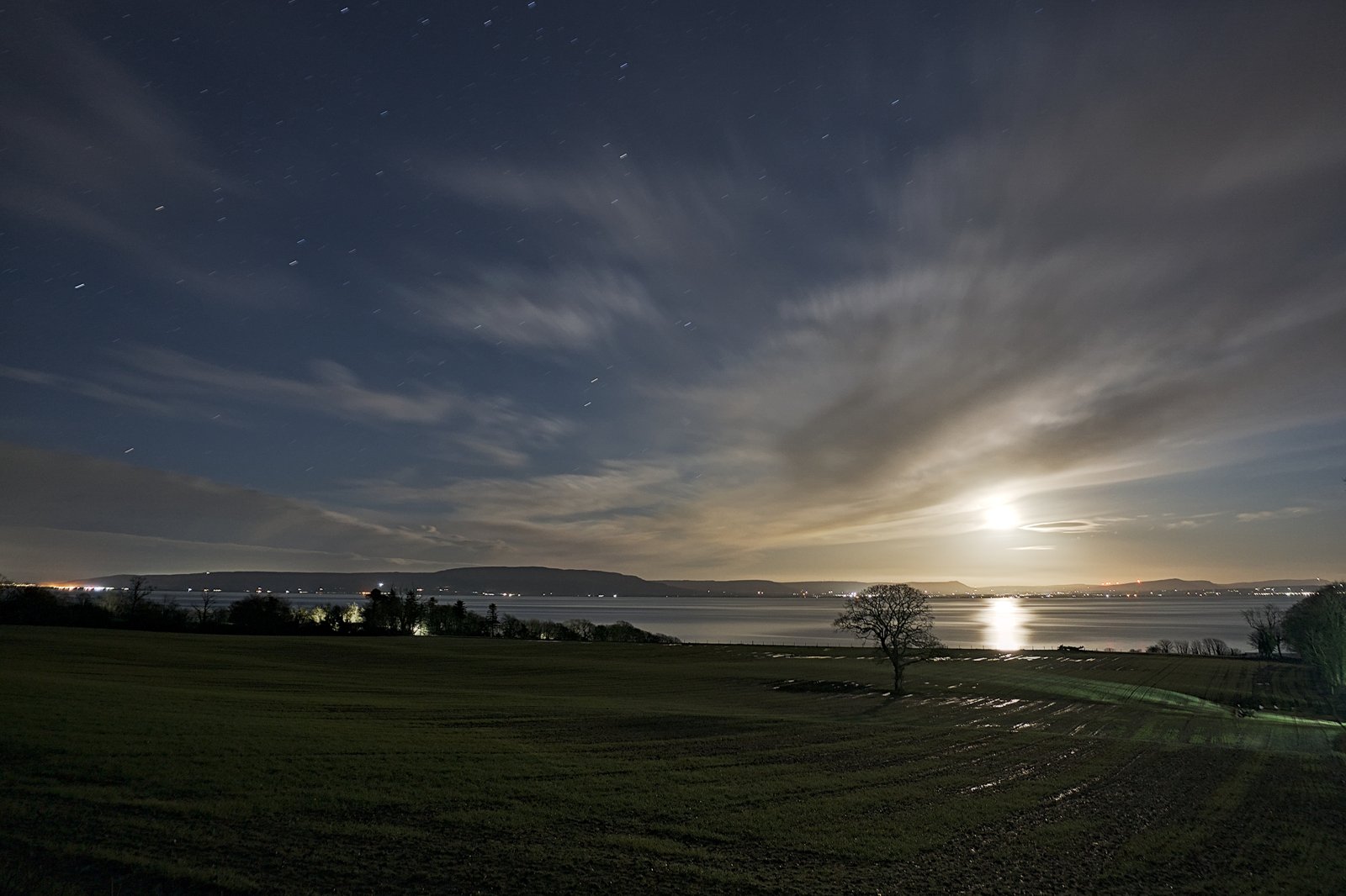 Moon rising over Lough Foyle, Inishowen, County Donegal
