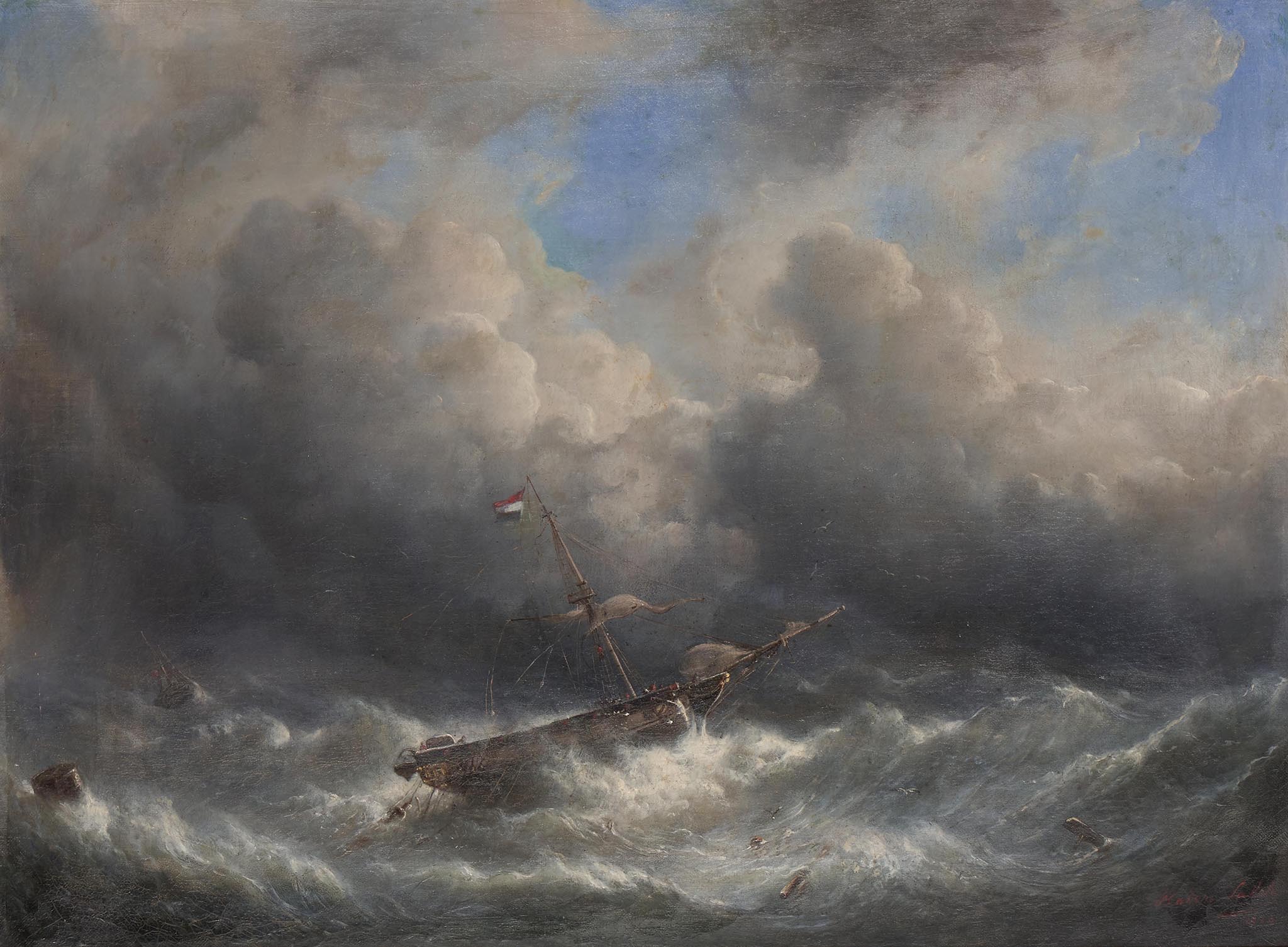 Shipwreck in a Storm, an 1839 oil painting by Raden Saleh showing a ship battling towering waves under dark storm clouds — painted the same year as Ireland’s Night of the Big Wind