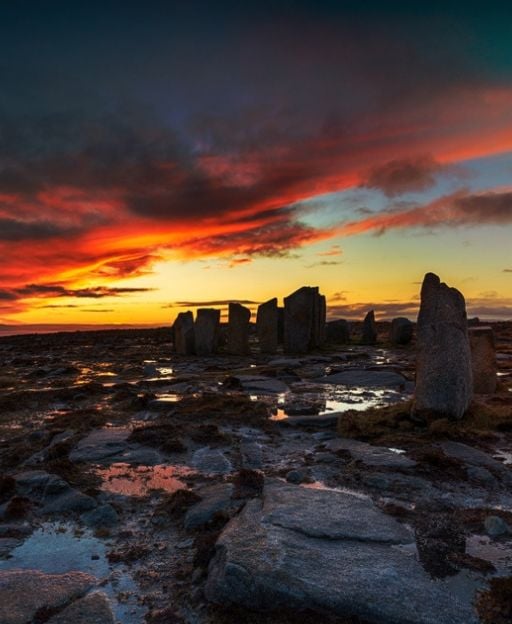 Ancient standing stones at sunrise on the Wild Atlantic Way, County Mayo, Ireland