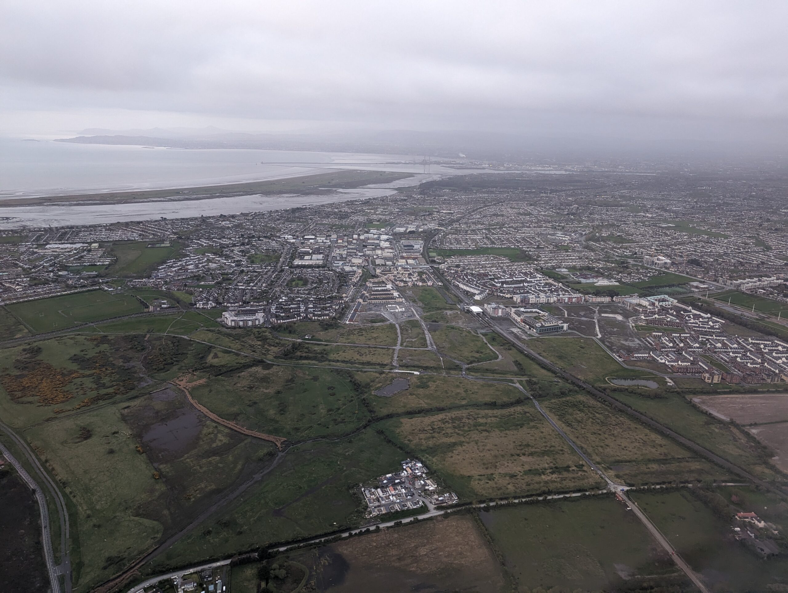 Aerial view approaching Dublin, Ireland by air
