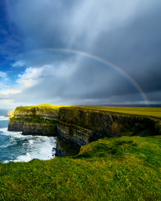 Rainbow arching over the layered sea cliffs and green clifftop grass of the Cliffs of Moher, County Clare, Ireland