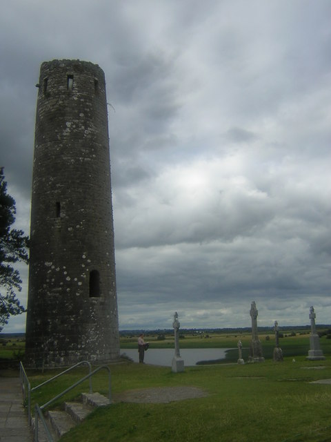 Round tower and high crosses at Clonmacnoise monastic site, County Offaly