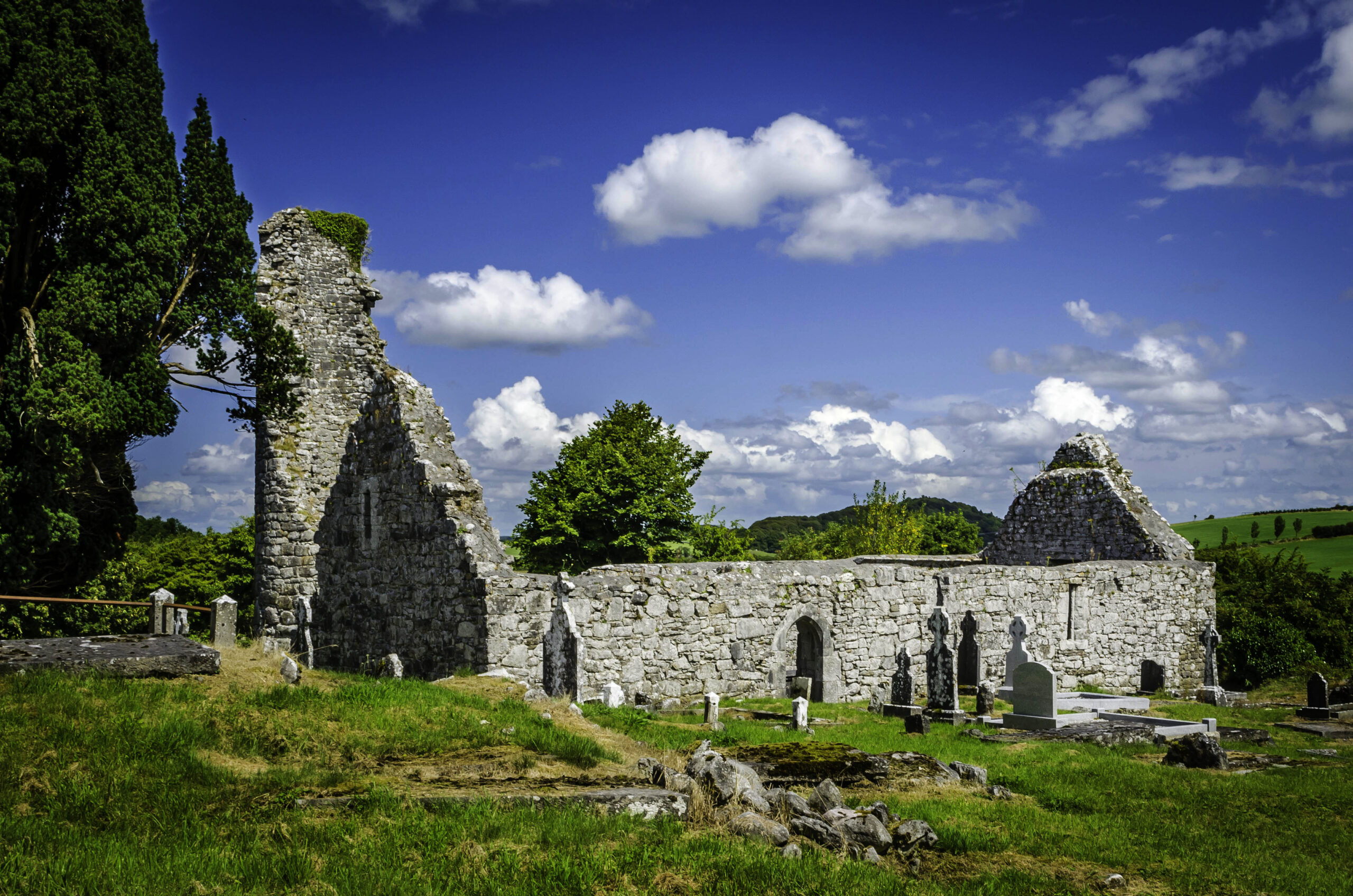 Ruins of a medieval Irish monastic church and graveyard at Drumcliff